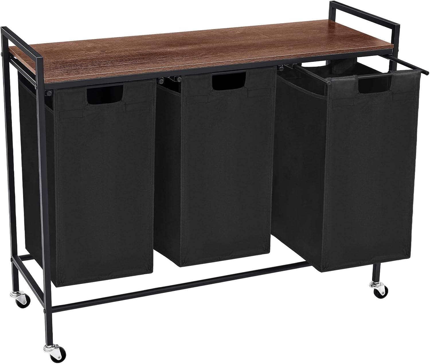 Laundry Sorter 3 Section, Rolling Laundry Hamper with Shelf, 3 Compartment Laundry Basket with Lid, Organizer Rustic Wooden Top