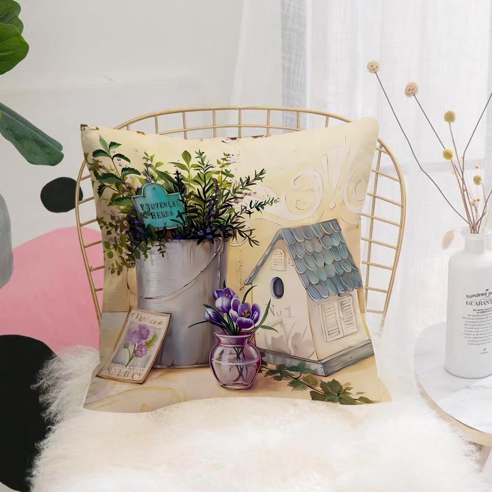 HYOSXW Cushion Cover,Throw Pillow Case Home Decorative for Living Room Bedroom Sofa Chair 16X16 Inch,Provence herb set, vanilla, purple flowers and small wooden house,Pillowcase 40X40cm