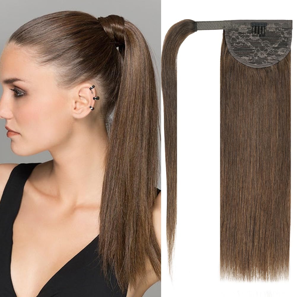14" Human Hair Ponytail Extension 70g #4 Chocolate Brown 100% Remy Human Hair Wrap Around Long Ponytail Clip in Hair Extensions Straight One Piece