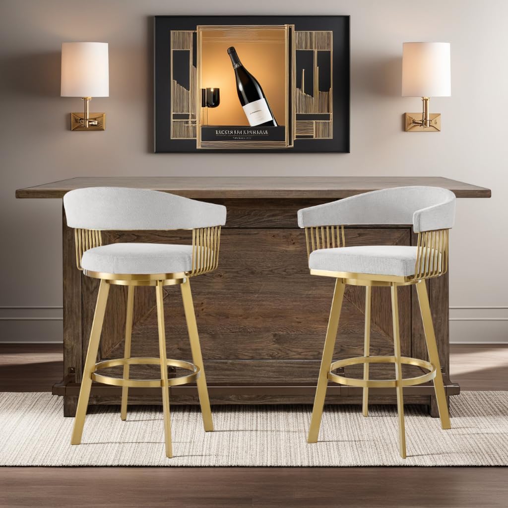 Armen Living Chelsea 30" Swivel Bar Stool with Gold Brushed Stainless Steel and Silver Fabric