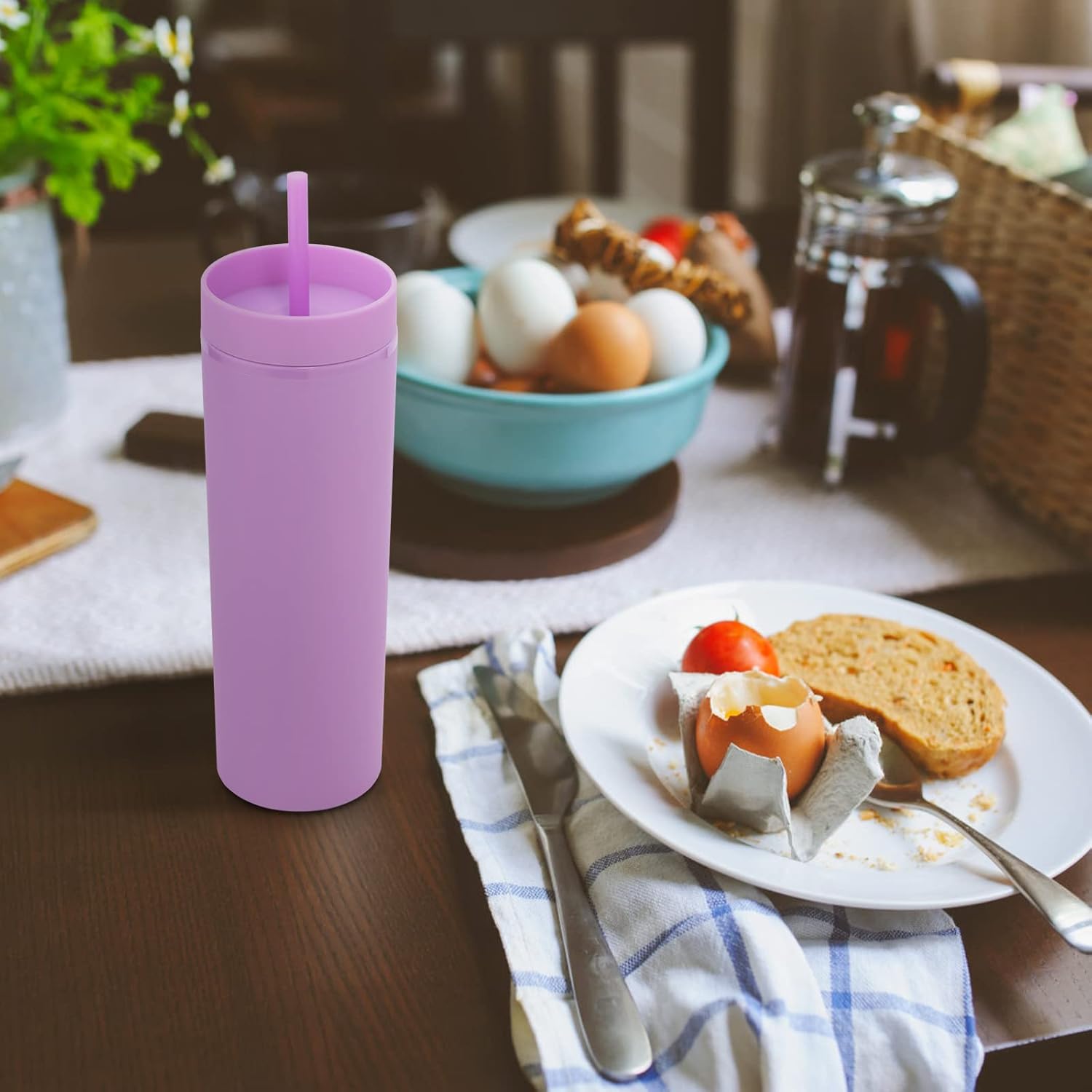 Volhoply 20oz Plastic Skinny Tumblers Bulk 10 Pack,Double Wall Tumbler with Lid and Straw,BPA Free Matte Acrylic Ice Coffee Cups With Straw,Reusable Travel Cute Mug for Party,DIY Gift(Purple,10 Set) - Image 7