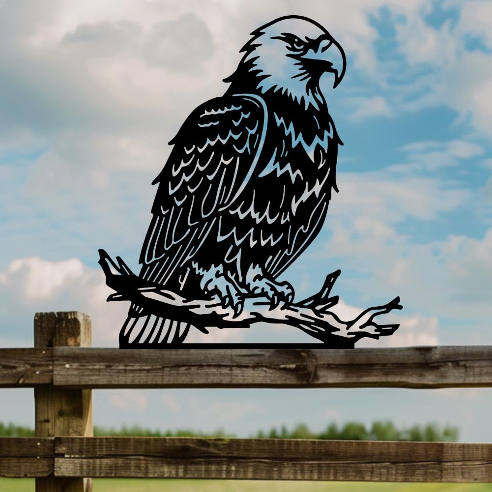 WADORN Águila metal jardín patio decoración arte pájaro sobre rama hierro decorativo jardín estacas animales salvajes silueta negra decoración de valla al aire libre para árbol adornos de pared patio