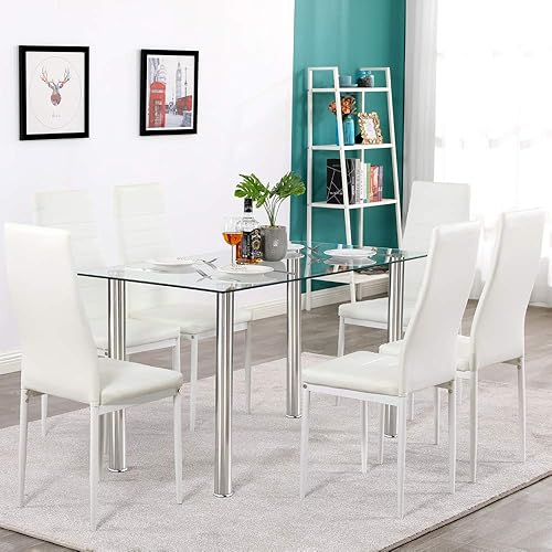Miniatura 5 de Mesa de comedor de cristal para 6 personas con parte superior de vidrio templado transparente de 52 pulgadas, mesa de cocina de vidrio rectangular