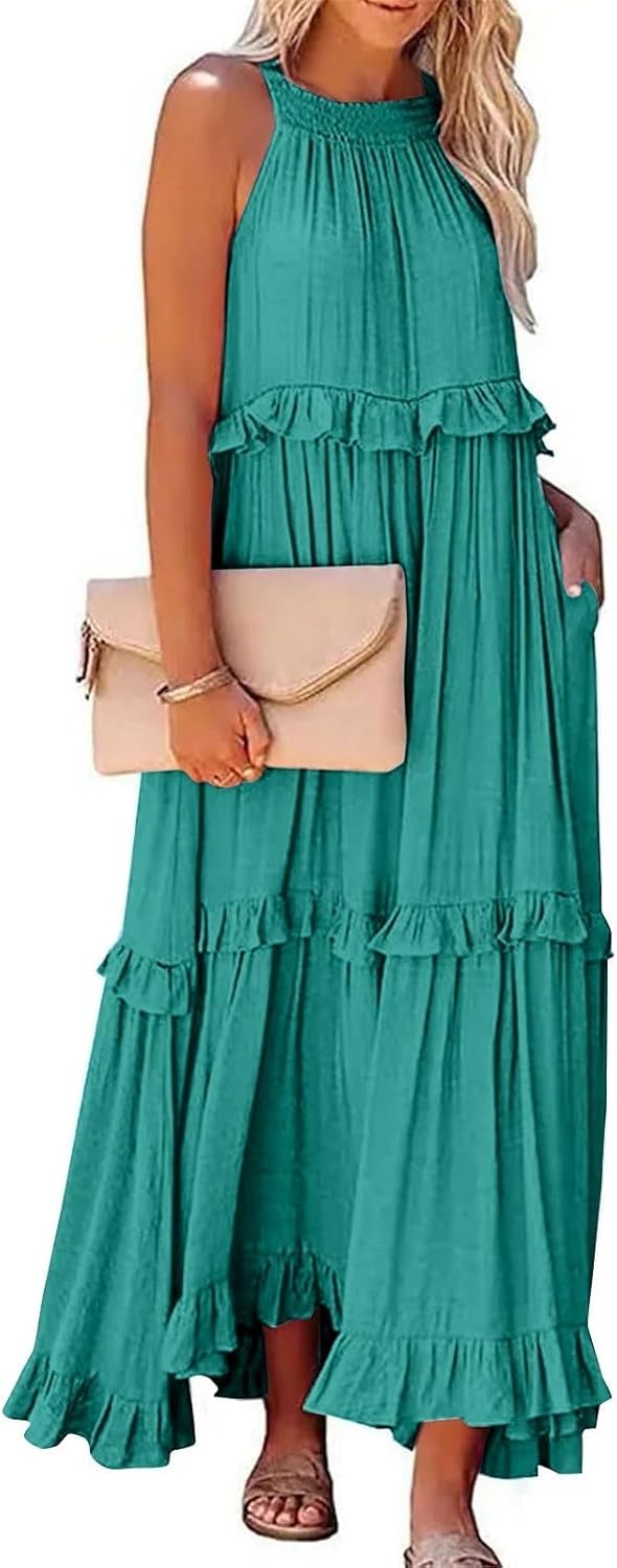 Boho Halter Maxi Dresses for Women Sleeveless Ruffle Vacation Beach Flowy Dress Summer Party Boho Maxi Dress - Image 6