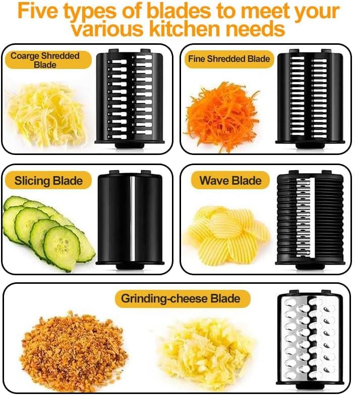 Rallador de queso eléctrico y cortador de verduras con empujador de seguridad, funcionamiento con un solo toque para la preparación de alimentos y batidos.
