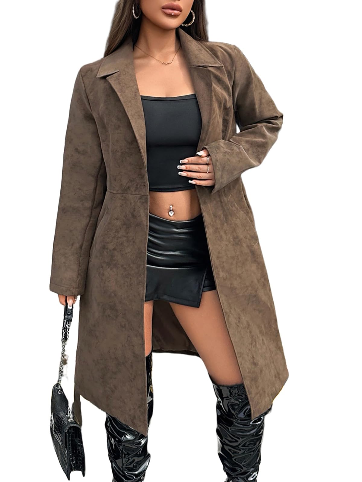 Leather Jacket Women Trench Coat Long Loose Button Lined Jacket Open Front Faux Motorcycle Coat with Belt
