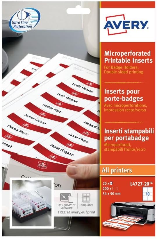 Avery L4727-20 Printable Name Badge Insert Refills (90 x 54 mm Inserts) - White, Pack of 200