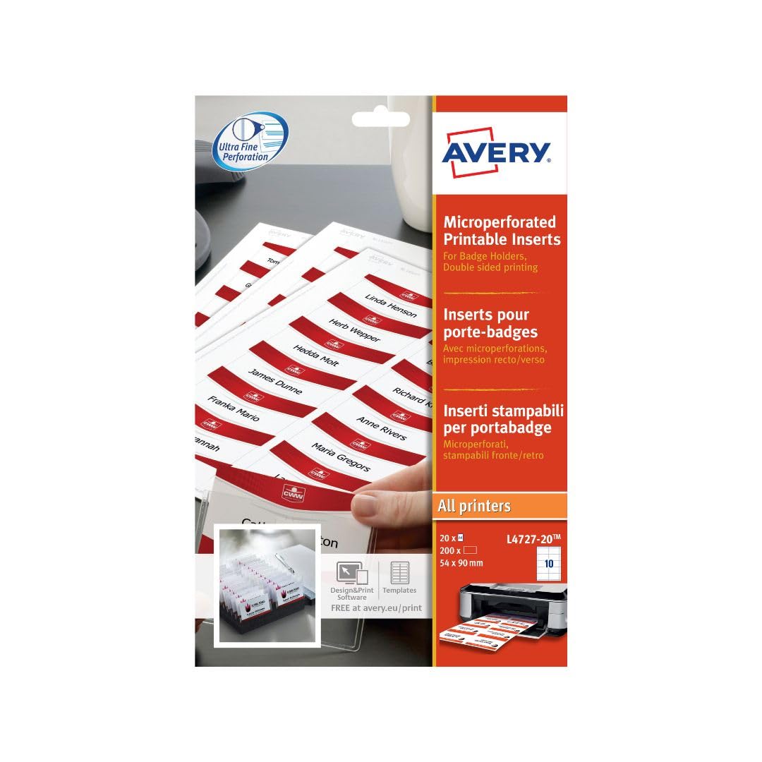 Avery L4727-20 Printable Name Badge Insert Refills (90 x 54 mm Inserts) - White, Pack of 200