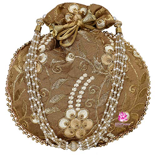 Handbag Embroidered Floral Potli Bag for Women Dark Gold