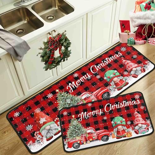 Noulmea Buffalo Plaid Red Truck Christmas Kitchen Rugs and Mats Set of 2, Merry Christmas Tree Gnomes Snow Winter Holiday Party Low-Profile Floor Mat Decorations for Home Kitchen 17