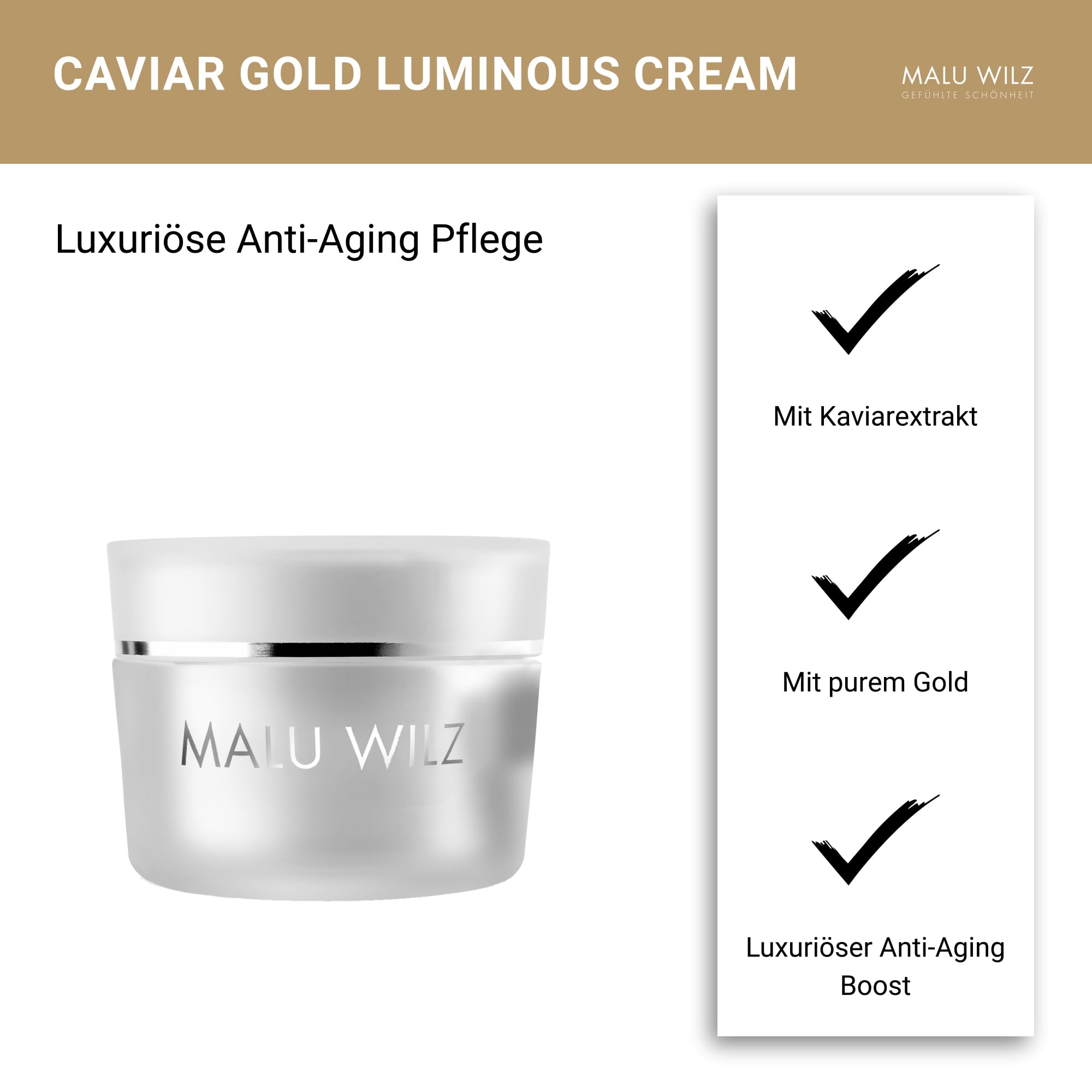 Malu Wilz Caviar Gold Luminous Cream 50ml I Gesichtscreme Damen I Feuchtigkeitsspendende Anti Falten Creme mit Kaviar Extrakt, Hyaluronsäure & Goldpartikeln für glatte Haut | Feuchtigkeitsspendend, Anti Falten, Kaviar Extrakt, Hyaluronsäure, Goldpartikel