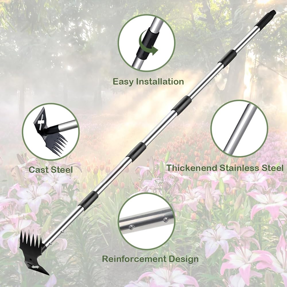 Estirpatore Erbacce con Manico Lungo 180 cm, Strumento da Giardinaggio 2 in 1, Strumento per Rimuovere le Erbacce con Manico Lungo, per Erbacce e Zappa da Giardino, Resistente, per Cortile, Prato
