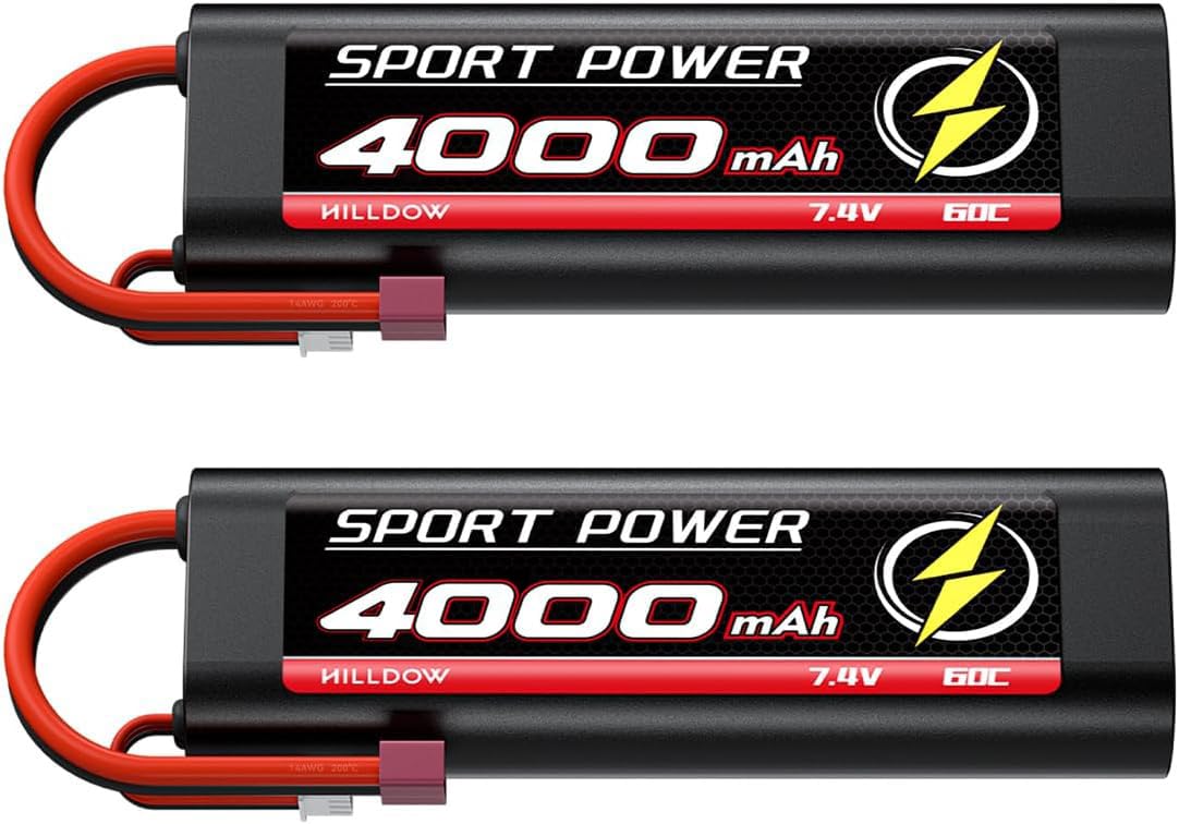 2S Lipo Battery 4000mAh 7.4V Battery with T Plug HardCase for 1/8 and 1/10 RC Vehicles Car RC Buggy Truggy Airplane UAV Drone FPV (2 packs)