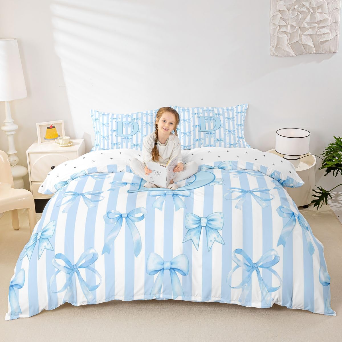 Homewish Początkowa litera D kokarda alfabet niebieskie paski poszewka na kołdrę podwójna kokardka zestaw pościeli w paski kawaii poszewka na kołdrę marzycielska księżniczka zestawy łóżek