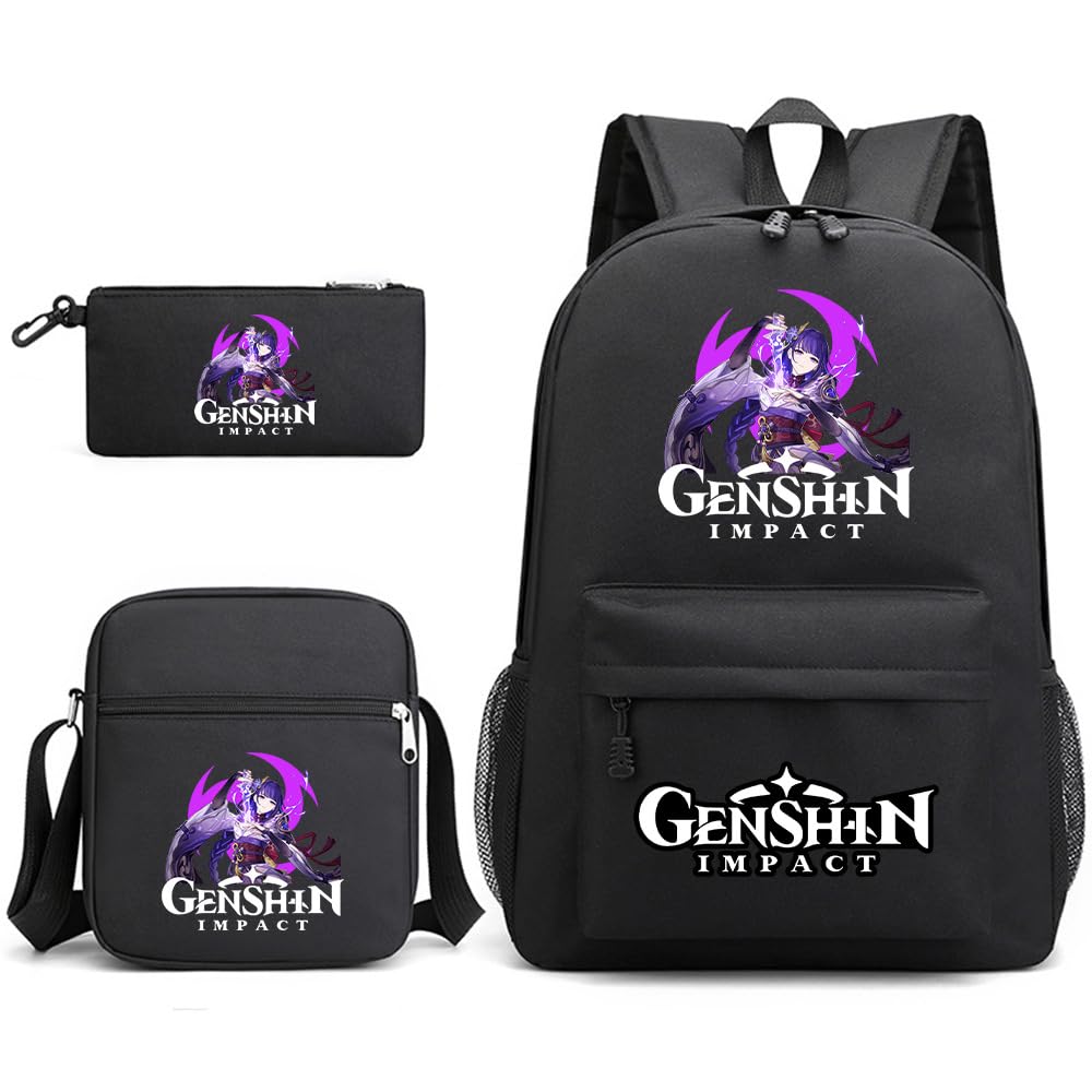 Hanaiette Style 1 3Pcs Genshin Impact Game Characters Backpack Pencil Case Canvas Messenger Bag (Style 1)