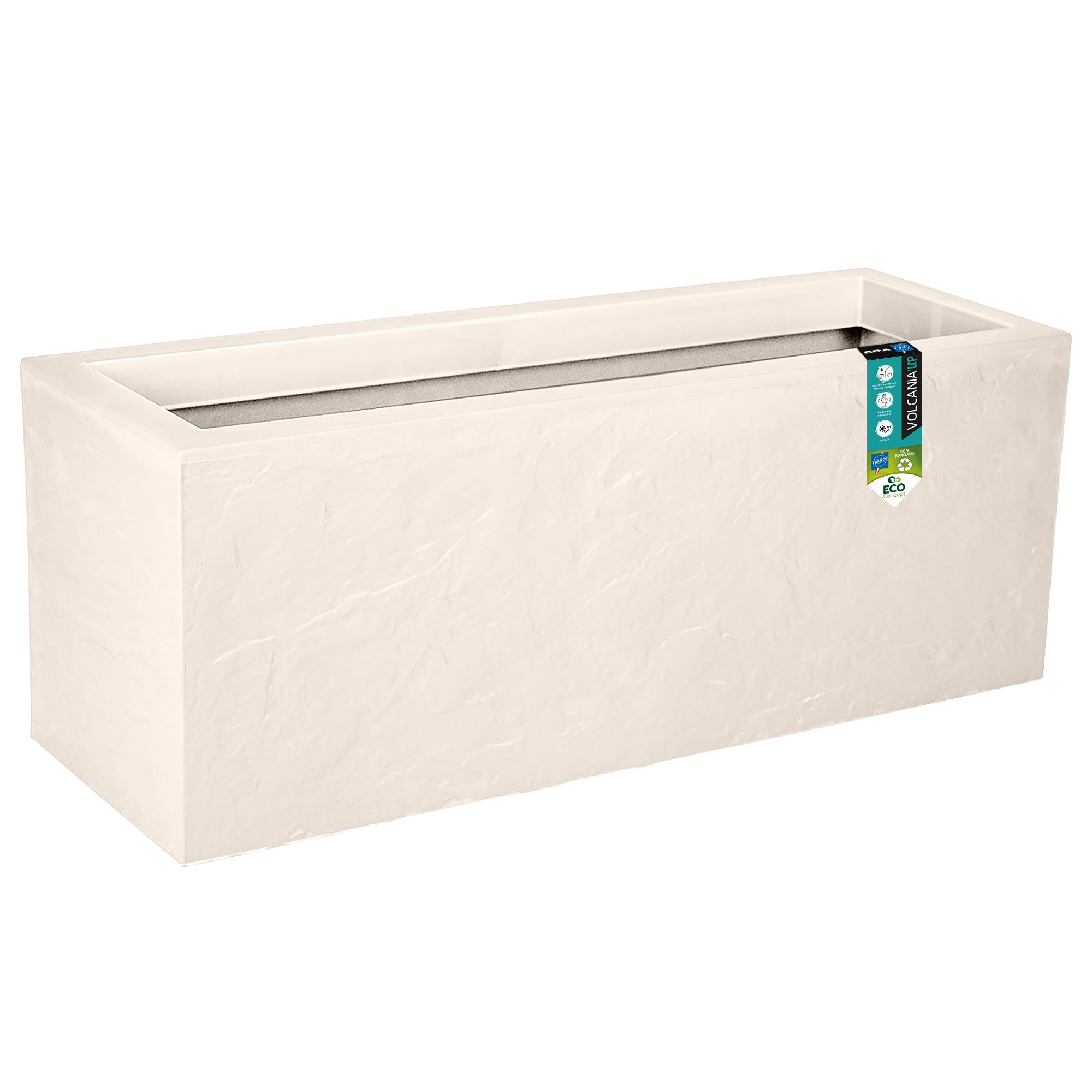 EDA - Jardinière Volcania'Up 57 L - Décor Imitation Pierre - Simple Paroi avec Colerette Trompe-​l'oeil - Zone de Rétention d'eau pour Limiter l'Arrosage - 79,​5 x 29,​5 x 29,​5 cm - Beige Calcaire