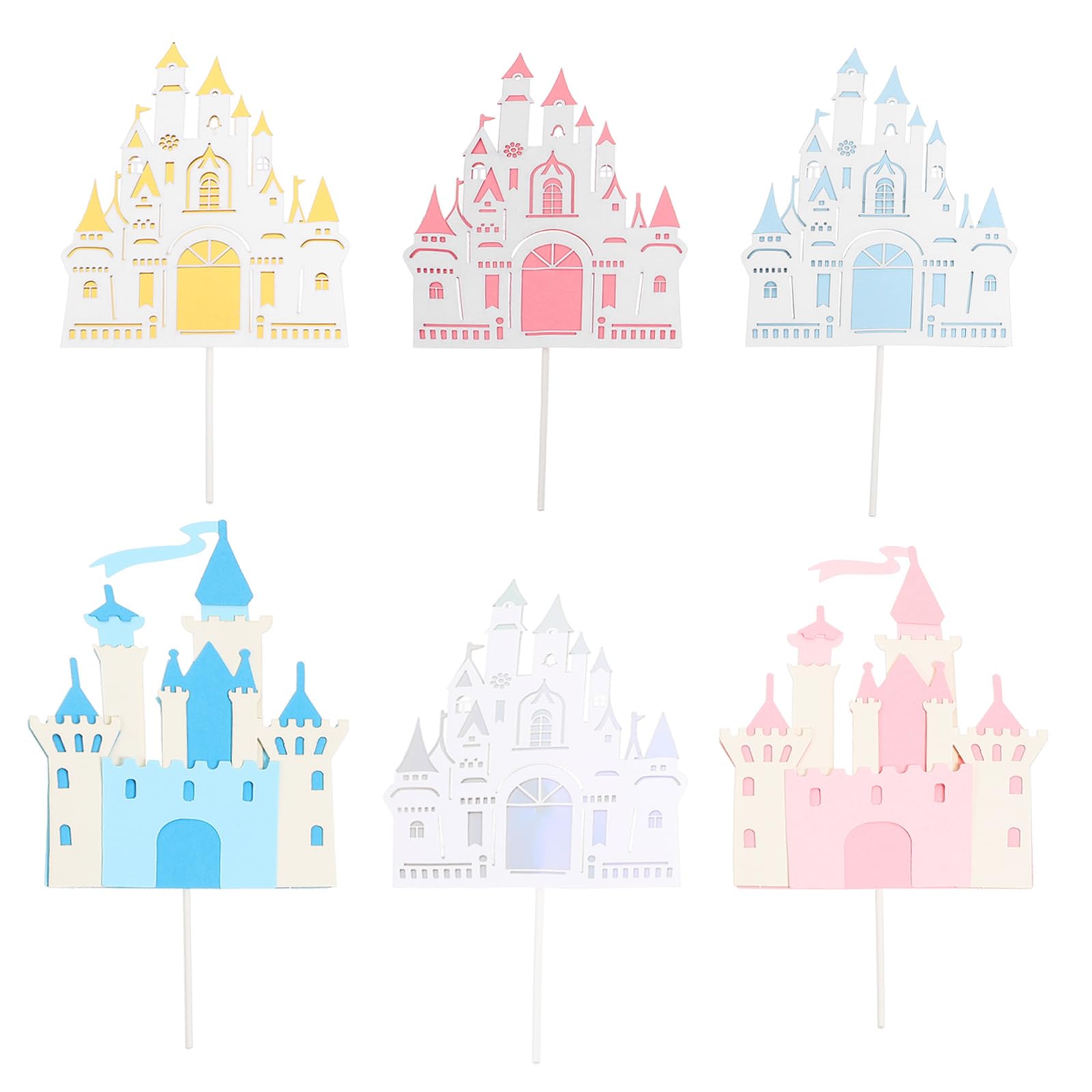 PRETYZOOM Castle Cake Decorations 6Pcs 3D Layered Fairy Tale Princess Cake Topper Insert for Birthday Party Cupcakes Girls Pink Castle Decor