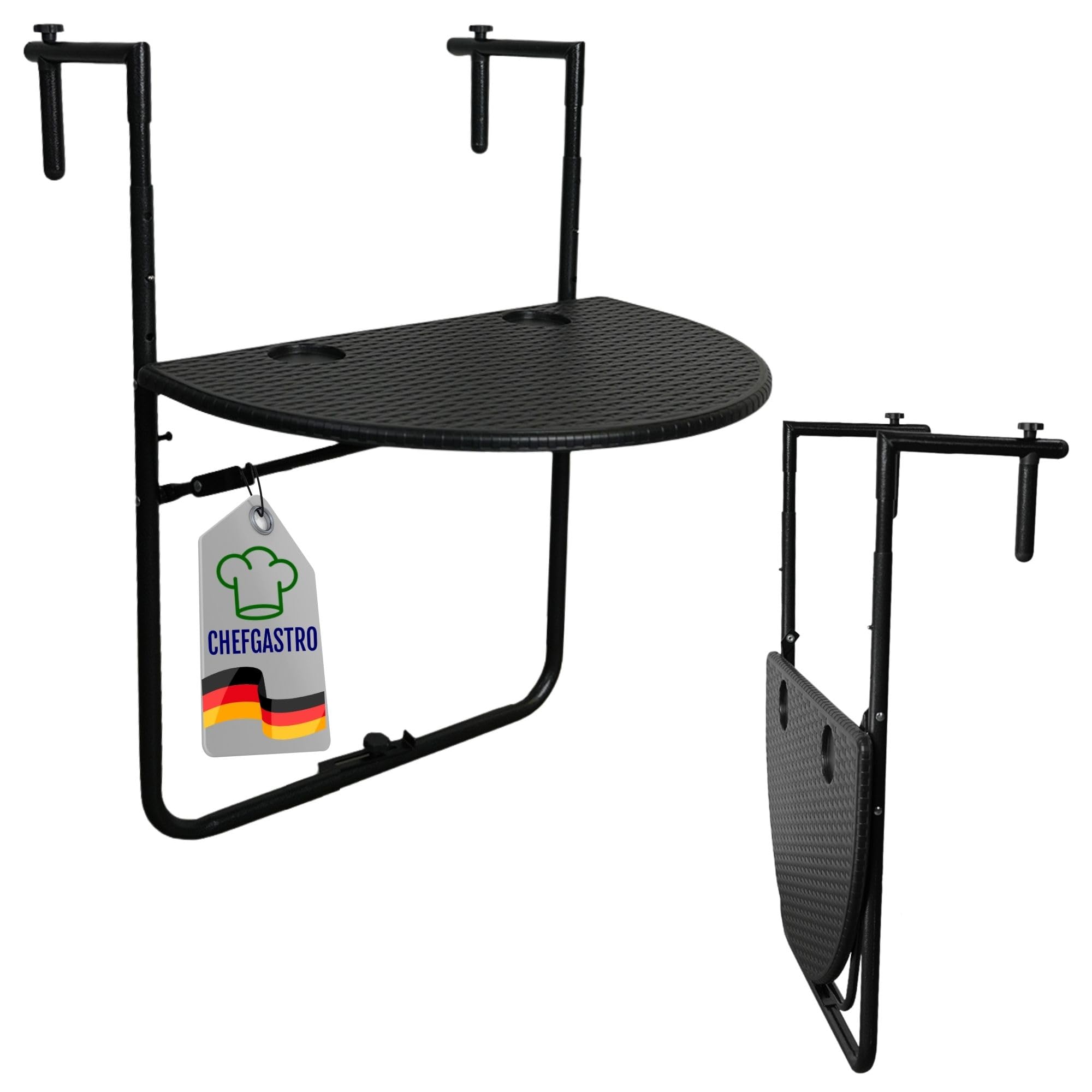 CHEFGASTRO Balkonhängetisch klappbar wetterfest 3-Fach höhenverstellbar 60x40cm Metall Rattan Optik Schwarz Balkontisch zum Hängen Hängetisch mit 2 Tassenhalterungen Balkon Klapptisch