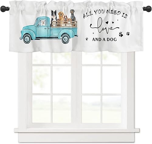 Miniatura 11 de Juego de cenefas y niveles de cortina de cocina, camión azul con bolsillo para barra de perro, juego de 3 piezas de cortina de ventana de grano de