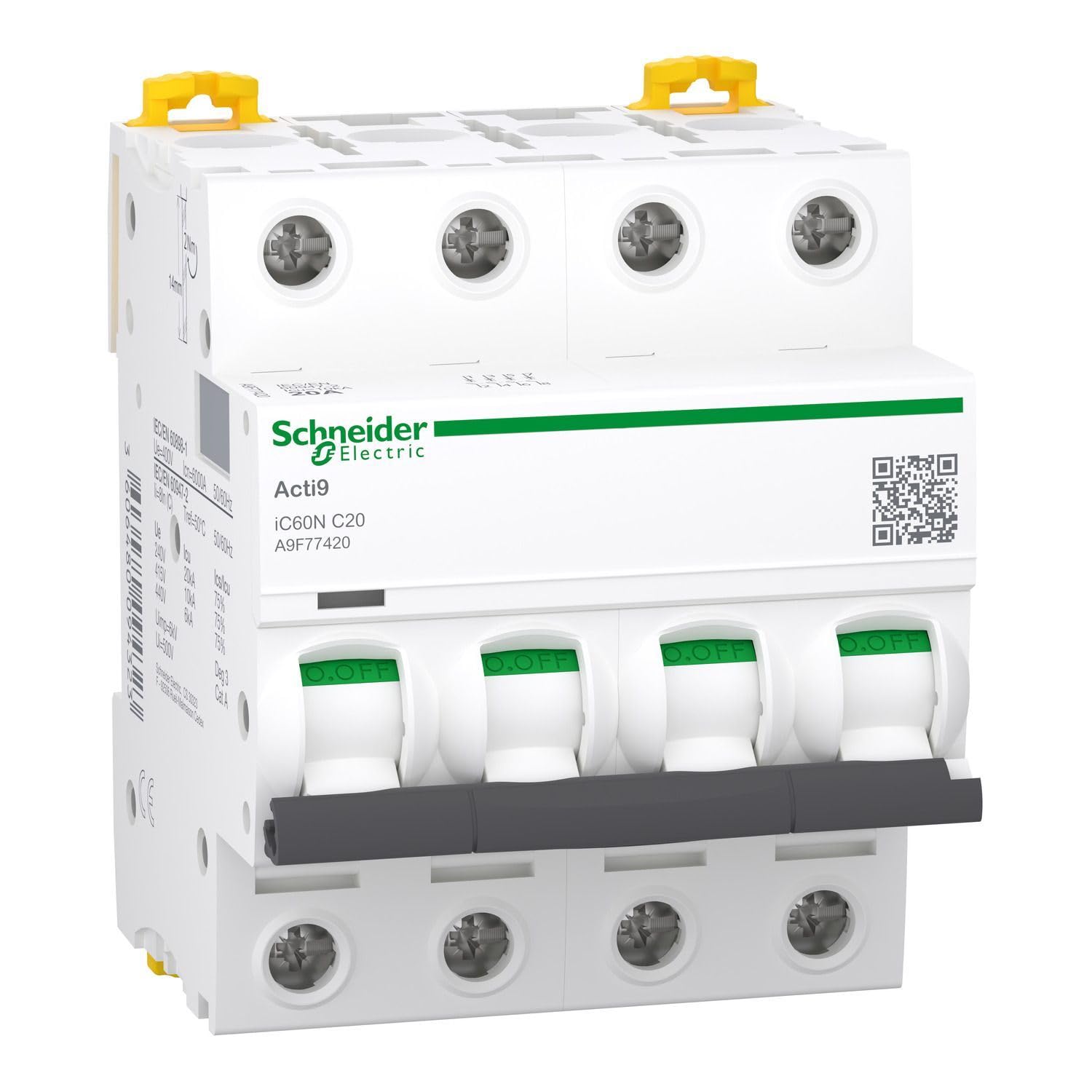 Schneider Electric a9 °F74420 IC60 N disjoncteur, acti9, courbure C, 4P, 85 mm Hauteur X 72 mm largeur X 78.5 mm profondeur, 20 A Courant, 50/60 HZ, Blanc