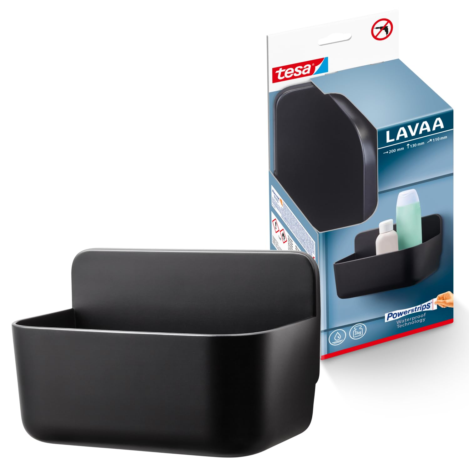 tesa Lavaa Duschkorb S – Duschablage in Schwarz matt, wandmontiert ohne Bohren (inkl. Powerstrips Waterproof Strips XL, 200 × 130 × 110 mm)