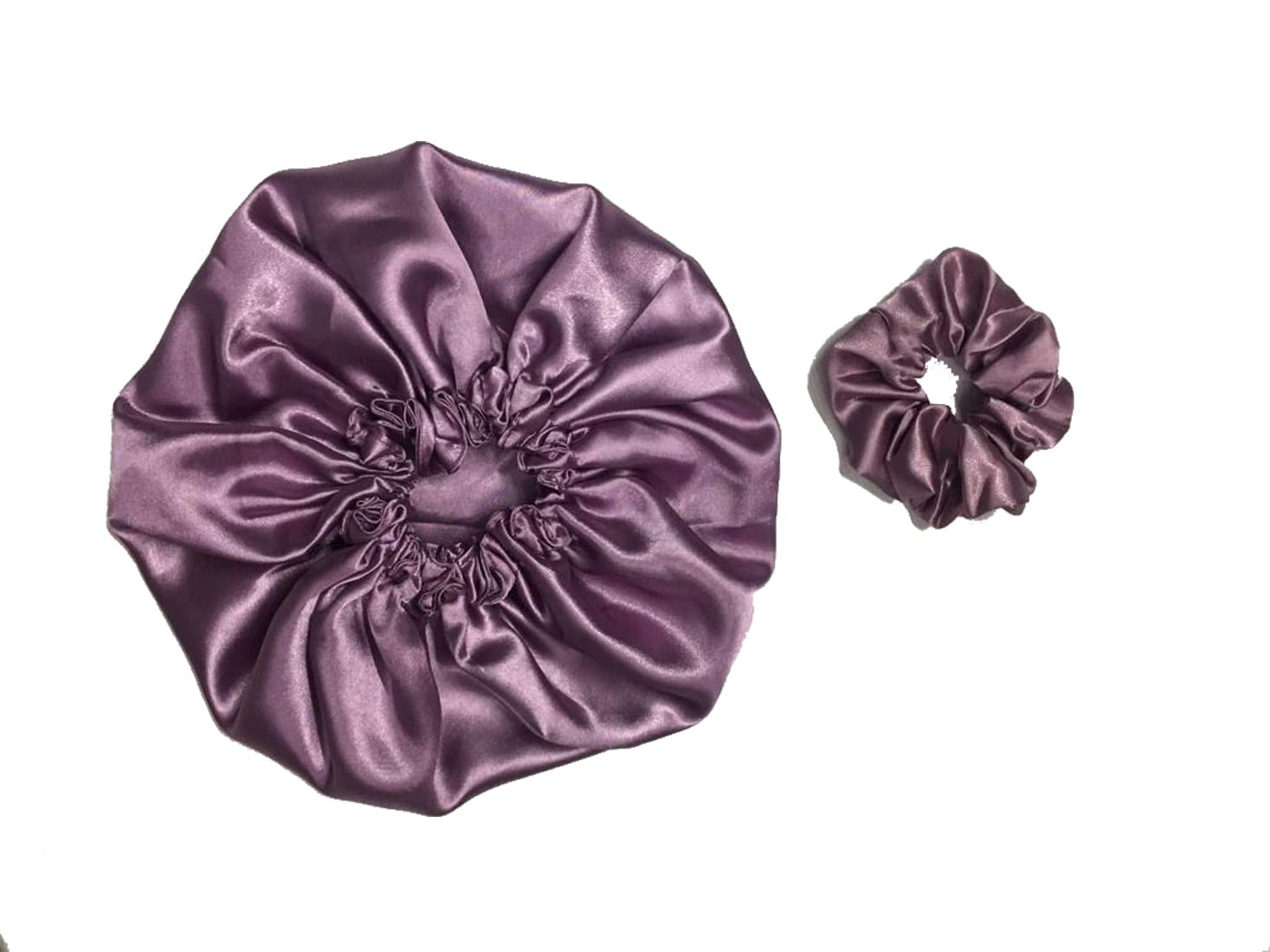 NNR Satin Silk Premium Sleeping Caps, Double Layered Stretchable Hair Bonnets & Hair Scrunchies for Girls Set of 2 Pcs Metallic Purple