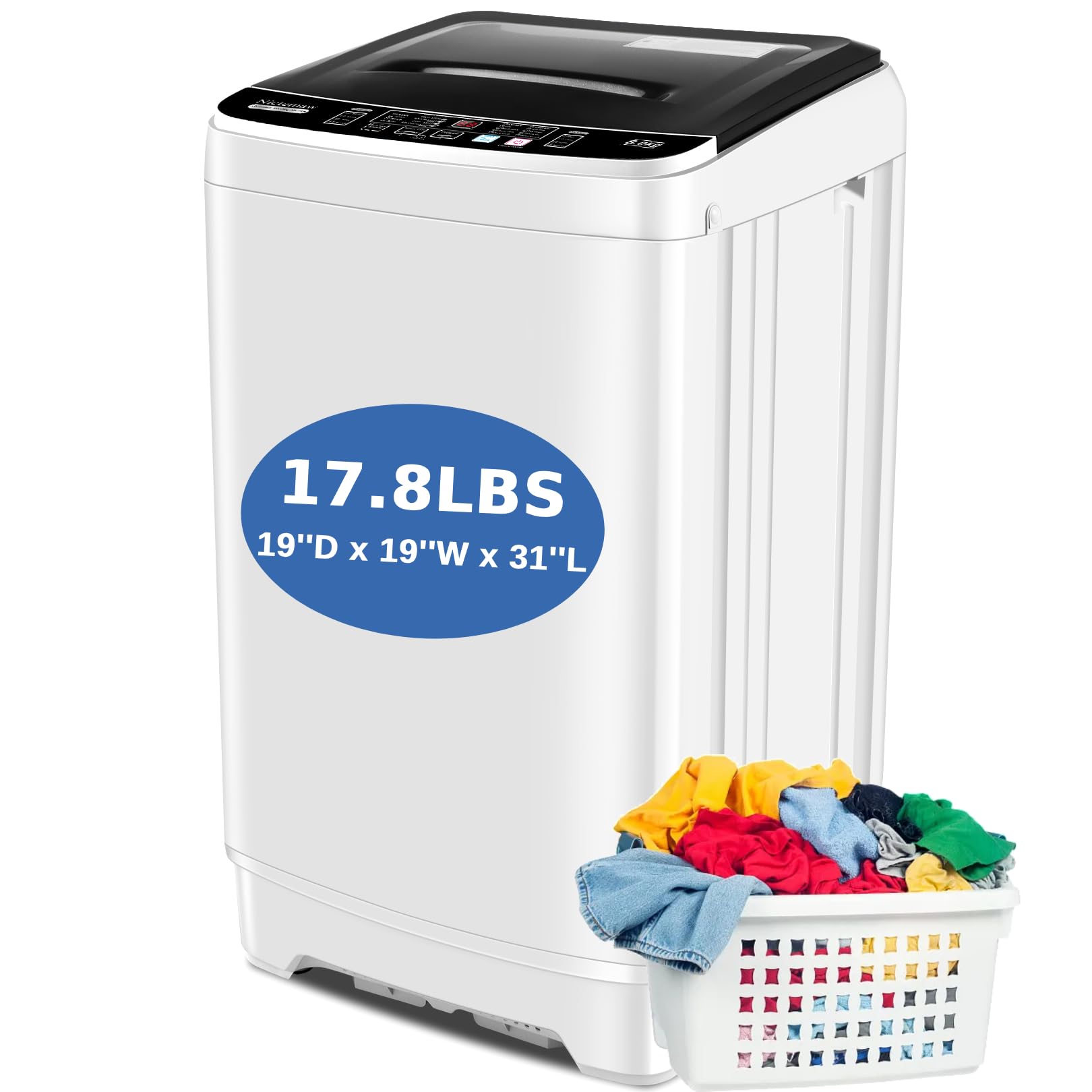 Nictemaw Portable Washing Machine, 2.4Cu.ft Full Automatic Portable Washer, 17.8Lbs Capacity Compact Washer Machine with Drain Pump, 10 Programs 8 Water Levels and LED Display for Apartment, RV, Dorm