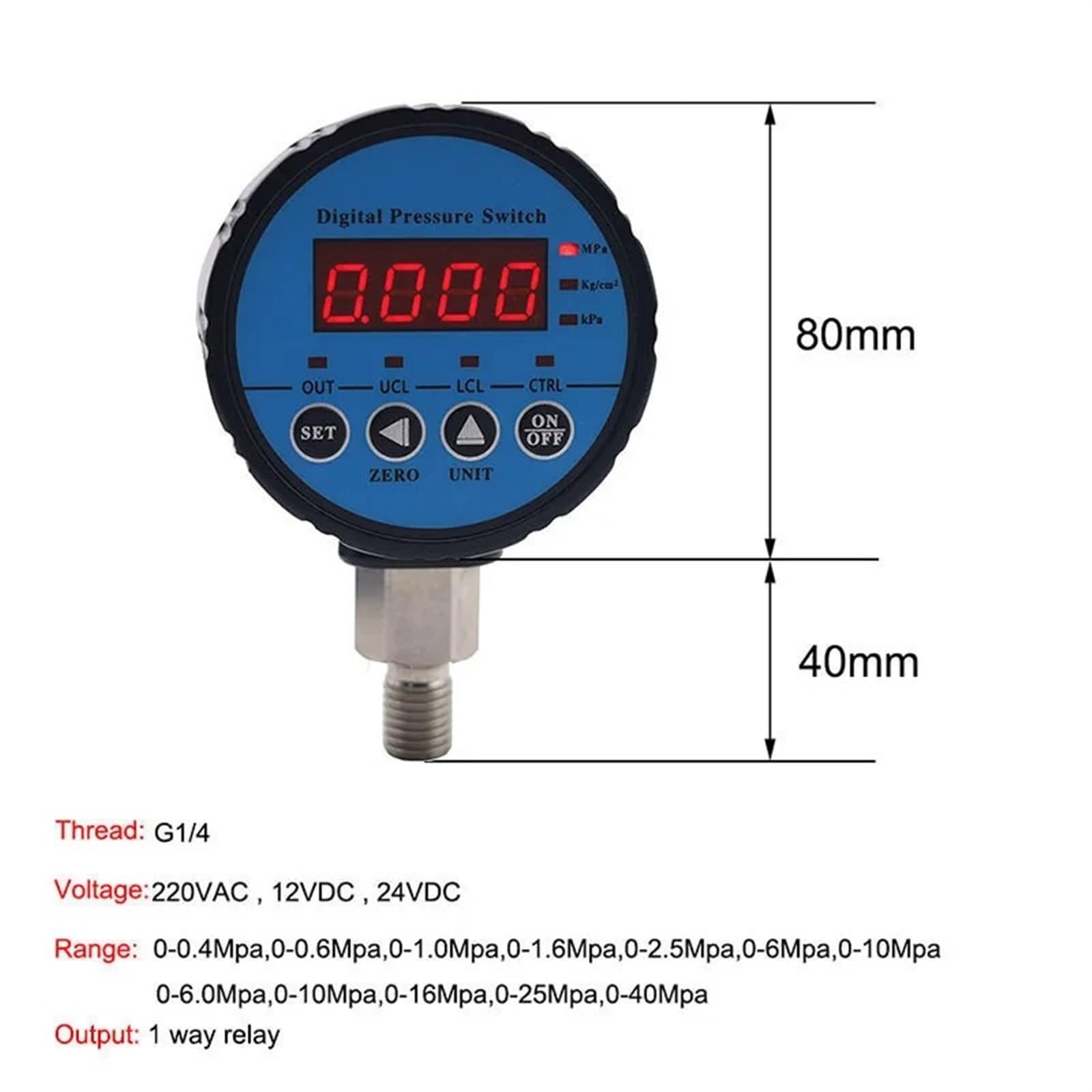 Wyłącznik ciśnieniowy wody z jednym wyjściem przekaźnikowym i cyfrowym manometrem (220 V AC, 0-2,5 MPa)