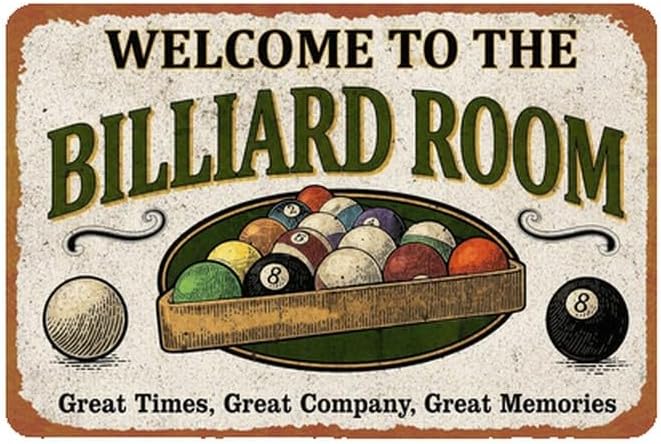 Vintage Welcome To The Billiard Room Travel Print Metal Sign 8x12 Inch Aluminum Retro Billiard Balls Landscape Wall Decor for Home Game Room Bedroom Cafe Bar Garage