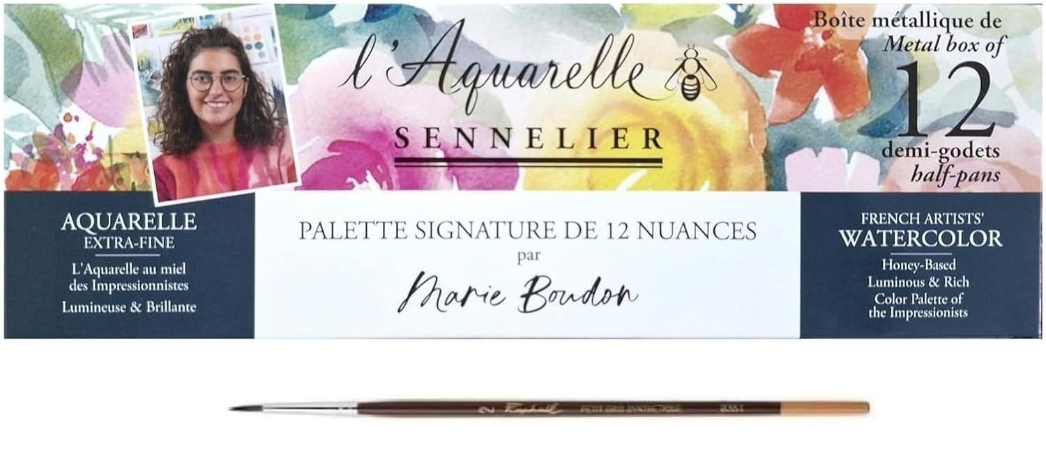 Sennelier Acuarela Extrafinas, Set Marie Boudon,12 Medio Cucharones Caja de metal y pinceles