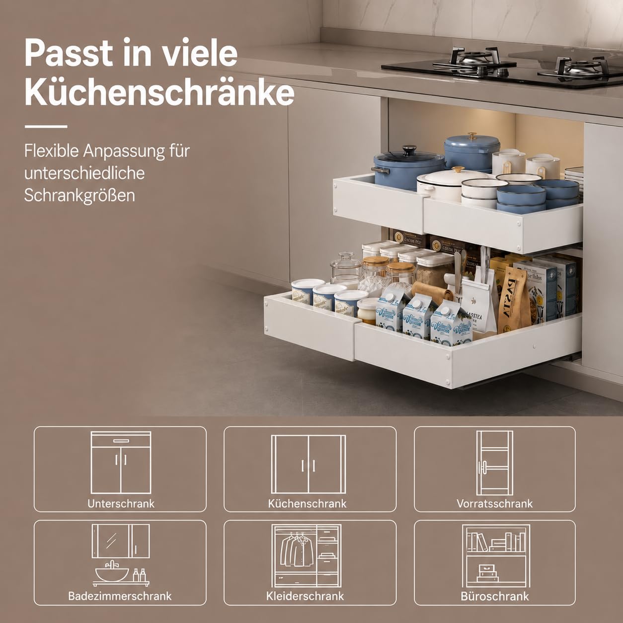 Teleskopschublade, 2 Stück, Weiß | Verstellbar 29–48 cm Breite, 41,5–55 cm Tiefe, Ausziehbar, Küchenschrank Organizer, Stabil