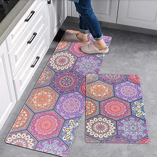LEEVAN Kitchen Rug Set, Kitchen Floor Mats 2 Piece PVC Leather Anti Fatigue Comfort Heavy Duty Standing Mat Waterproof Oil Proof Non-Skid Rubber Back Washable Doormat Bathroom Carpet