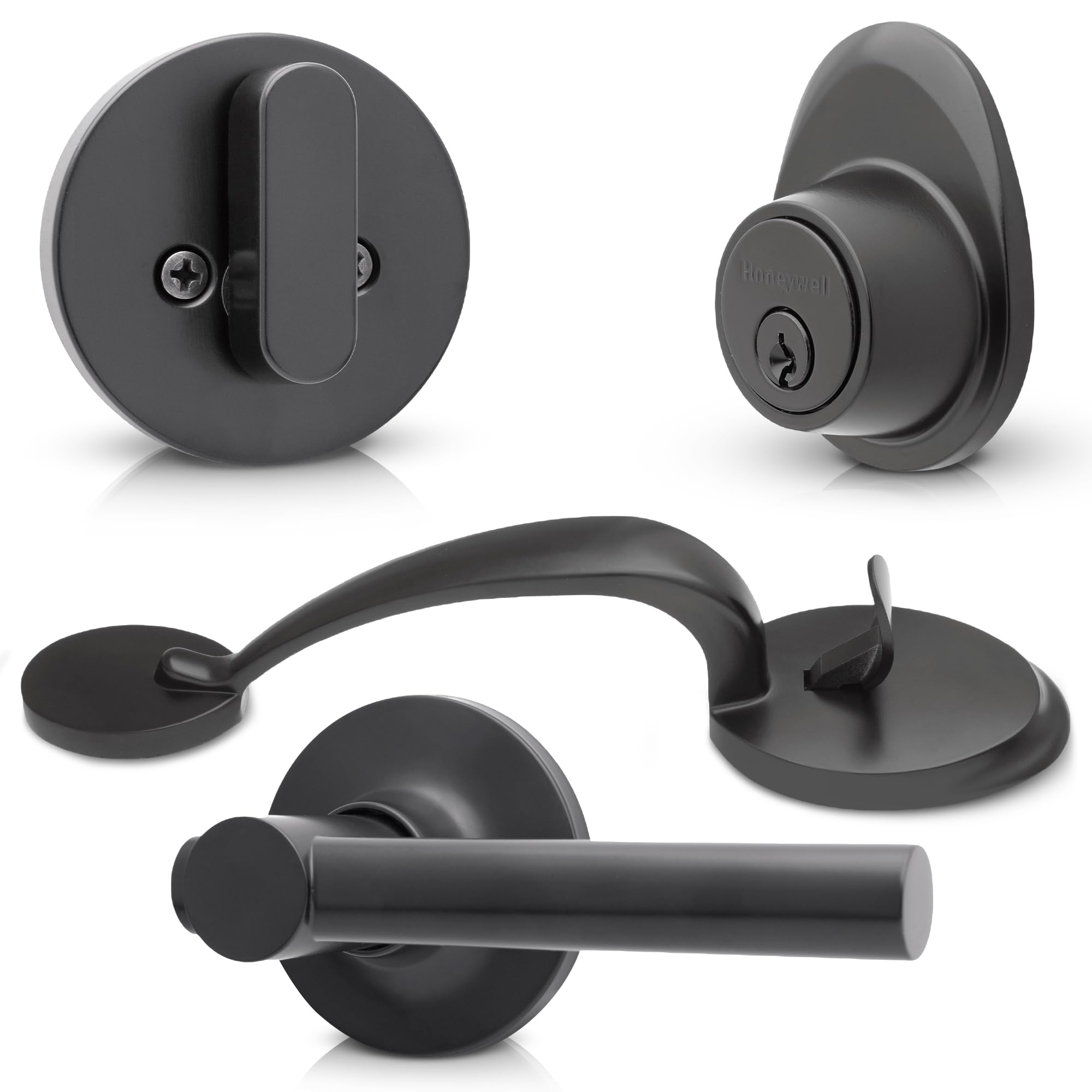 Honeywell Safes & Door Locks Matte Black Front Entry Handleset with Single Cylinder Deadbolt – Stylish and Secure Door Lock with Curved Lever for Interior and Exterior Doors - 8108648