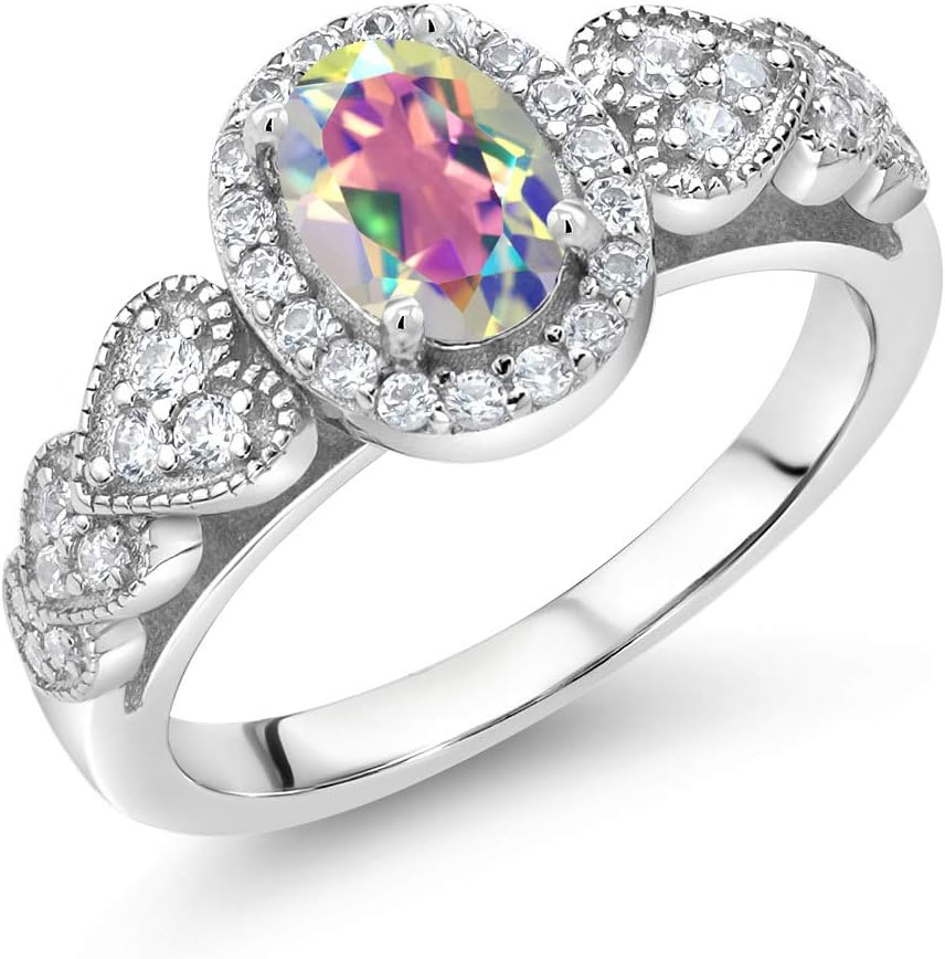 Gem Stone King Halo Engagement Ring for Women | 925 Sterling Silver | Gemstone Birthstone | Oval 7X5MM with White Accent Stones | Fine Wedding Anniversary Promise Ring | Sizes 5, 6, 7, 8, 9