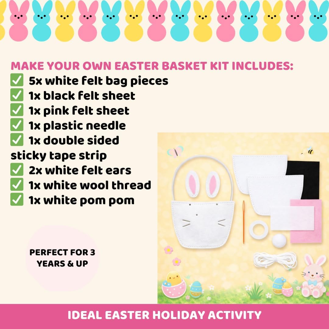 Easter Activities for Kids 3 Years to 11 Years - Make Your Own Treat Easter Basket Craft Kit, Rabbit Design, Includes Felt Pieces, Pompom, Needle and Thread