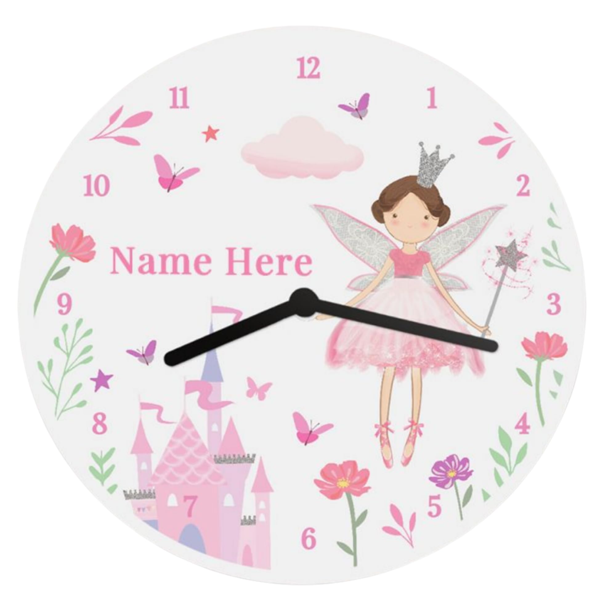 Caleli Gifts Pink Personalised Fairy Clock. Children's Wall Clock. Unique Gift For Any Baby, Toddler Or Child