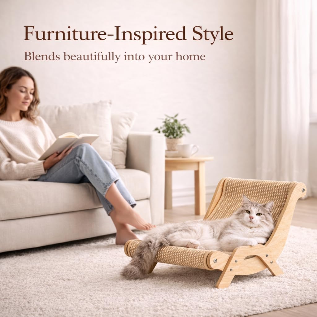 2-in-1 Cat Scratcher Lounge Chair, Wooden Hammock Bed with Woven Scratching Surface, Modern Cat Furniture for Indoor Cats