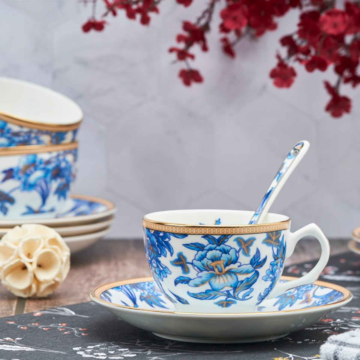GOLDEN QUEEN'S Floral Cups, Saucer & Spoons Set for Coffee/Tea/Hot Drinks - Set of 6 Cups, 6 Saucers & 6 Spoons (Blue Orchid)