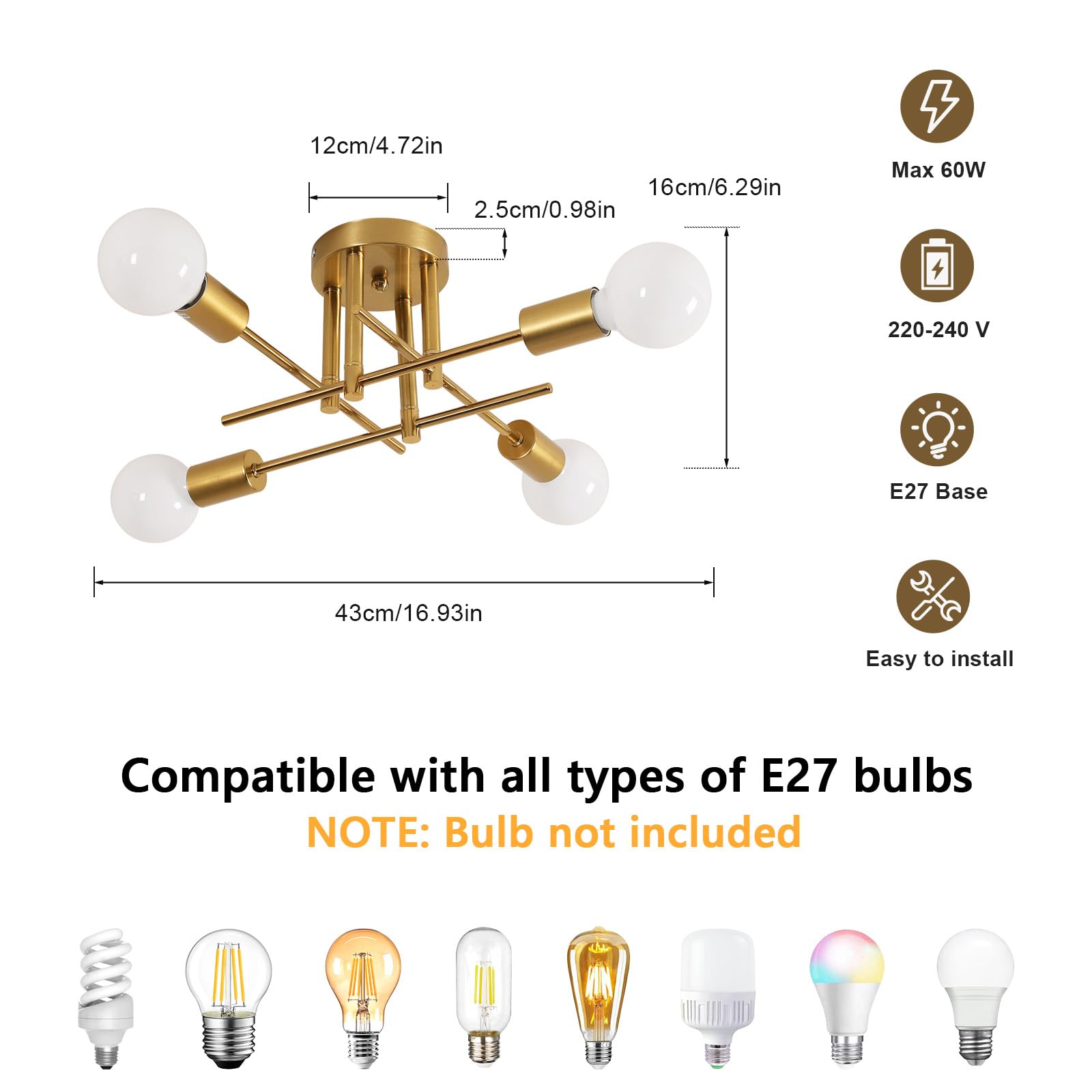 Comely Deckenlampe Vintage 4-Flammig, Industrielle Deckenleucht Gold mit E27-Fassung, Kronleuchter Retro für Wohnzimmer Schlafzimmer Esszimmer Flur