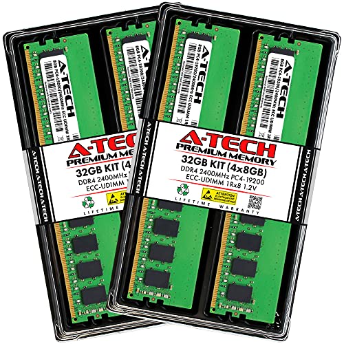Image of A-Tech Server 32GB Kit (4x8GB) DDR4 2400MHz PC4-19200 ECC UDIMM 1Rx8 Single Rank 1.2V ECC Unbuffered DIMM 288-Pin Server & Workstation RAM Memory Upgrade Modules (A-Tech Enterprise Series)