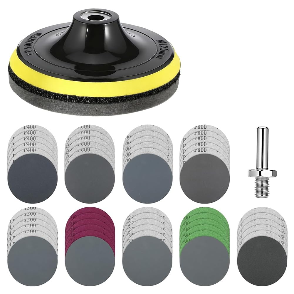 Aundhegrtt As Shown 54 Pcs Sanding Discs Kit 5 Inch, Wet Dry Sandpaper With Foam Backing Pad, 400 To 5000 Grits For Wood Metal Polishing