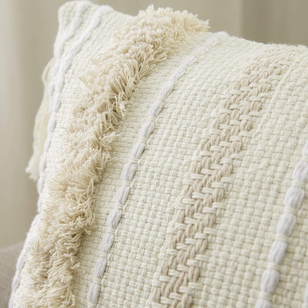 MIULEE Decorative Throw Pillow Cover Tribal Boho Woven Tufted Pillowcase with Tassels Super Soft Pillow Sham Cushion Case for Sofa Couch Bedroom Car Living Room 12X20 Inch Cream White