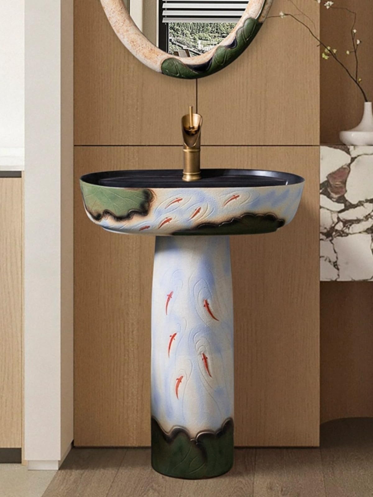 Lavabo de columna de arte retro, lavabo de cerámica, para patio, fácil de limpiar e instalar, tamaño A, B-One Size