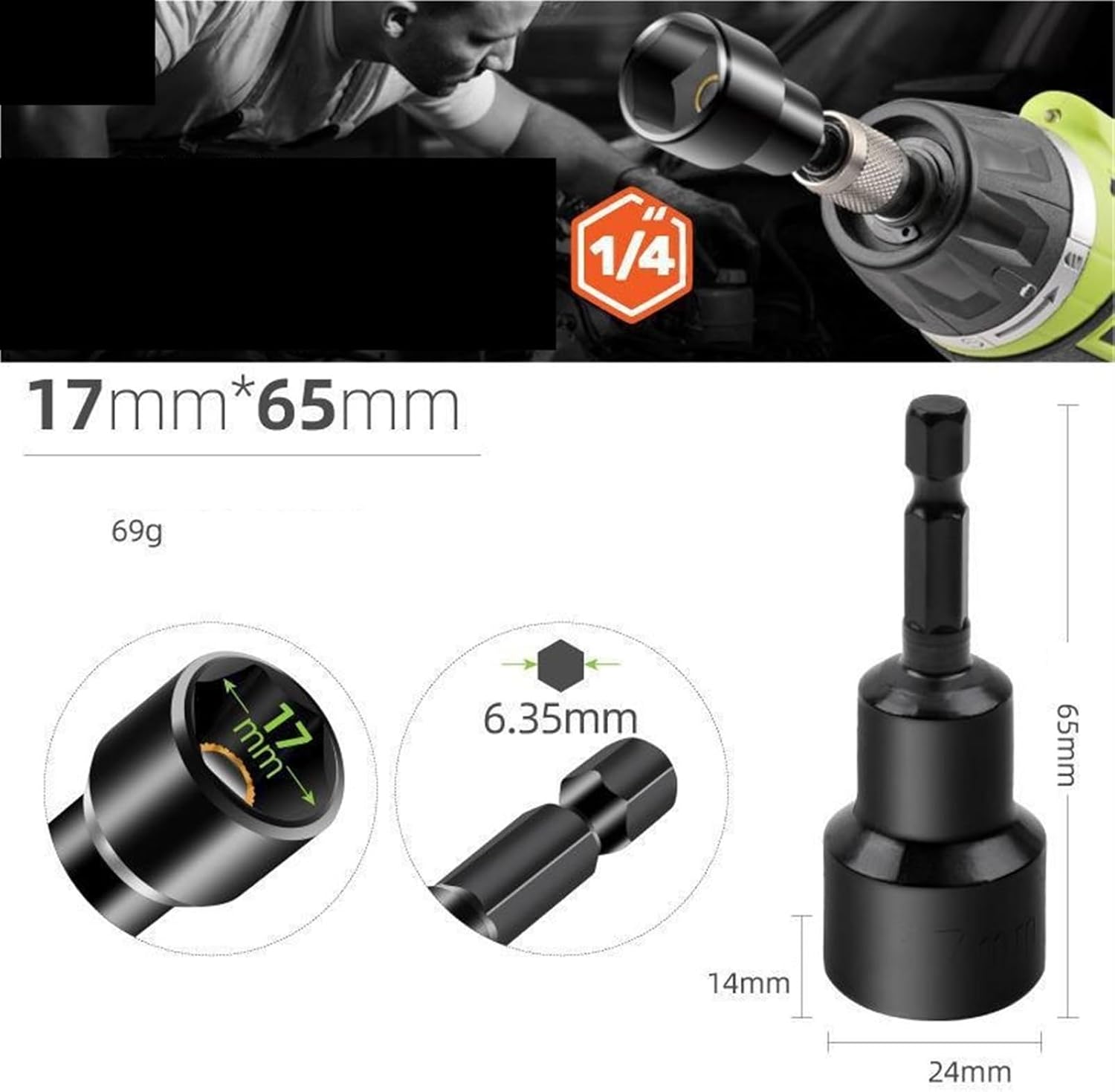 10pcs, 65mm Magnetic Sockets, 1/4" 6mm-19mm Hexagonal Socket Drill Bit Socket Head, Electric Screwdriver, Hand Drill (Color : Black, Size : 15mm)