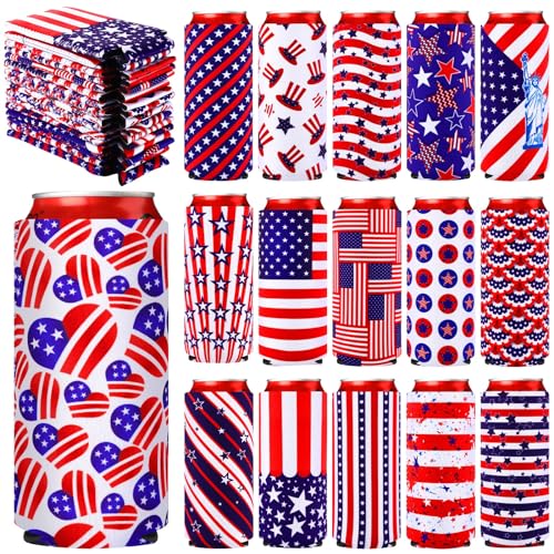 Pickmesh 16 Pcs 4th of July Can Coolers Sleeves Patriotic America Slim Soda Beer Drink Cooler Sleeve Independence Day Memorial Day Insulated Neoprene Bottle Cup Drink (Long Style,6.1 x 3.54 Inches)