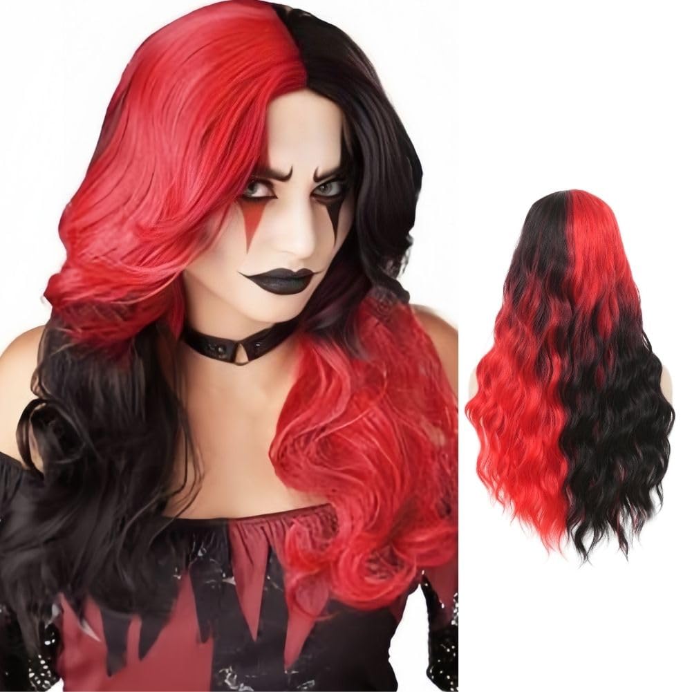 Siudus Red and Black Wigs for Women Long Curly Wavy 27 Inch Hair Wig Synthetic Natural Two Tone Middle Part Wig for Halloween Cosplay Use (Red Black)