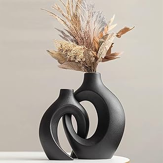 – White Ceramic Vases, Set of 2, Round Hollow, Modern Flower Vase for Home Decor, Boho Style, Minimalist Decor for Living Room, Dining Room, Entryway Table (Black)