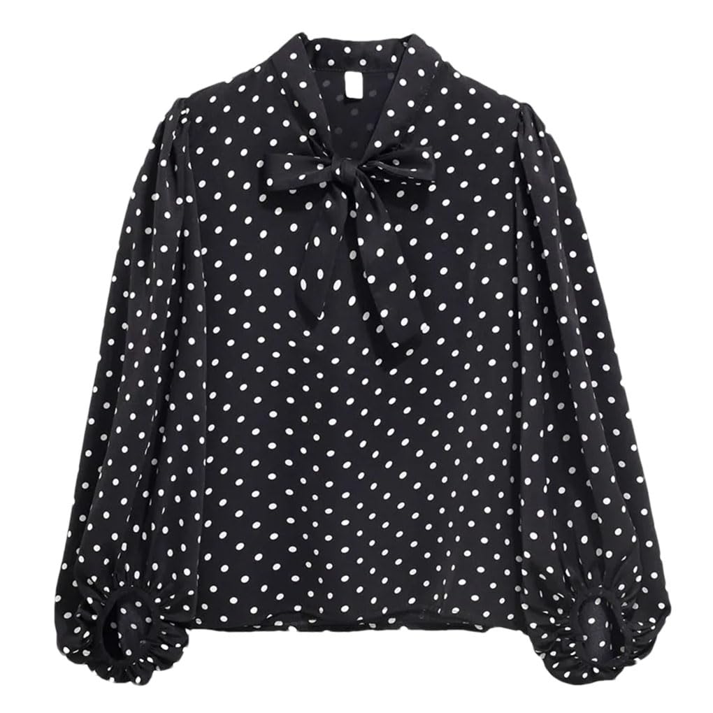Blusa de manga larga con cuello en V para mujer, con cordones, de gasa, a lunares, sin botones, camisas
