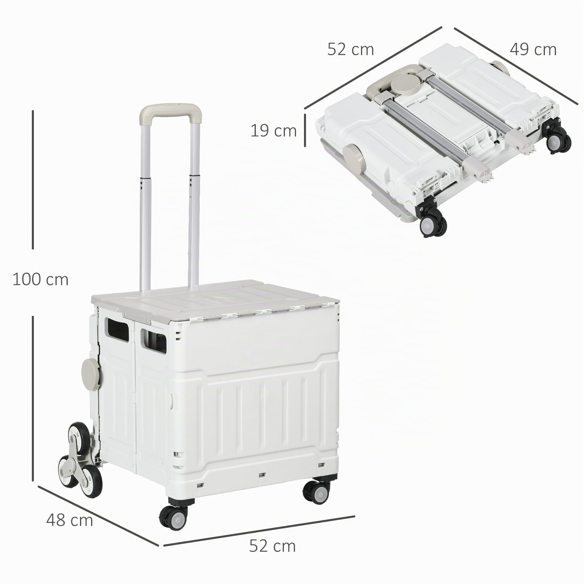 HOMCOM Carrito de Compras Plegable Sube escaleras 52x48x100 cm Blanco | Ruedas, tapa, mango telescópico, carrito de compras, 80kg, cesta de 51L, aluminio.