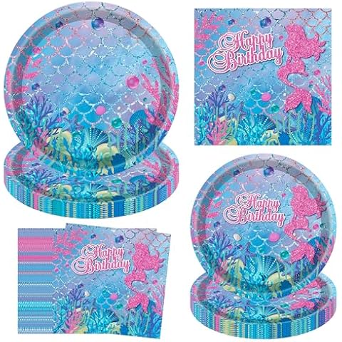 Mermaid Party Decorations, JESTAR Mermaid Birthday Party Supplies for Girls Birthday Party 48pcs Mermaid Plates and Napkins sets for Girls Birthday Baby Shower Birthday Ocean Party&Wedding Cover